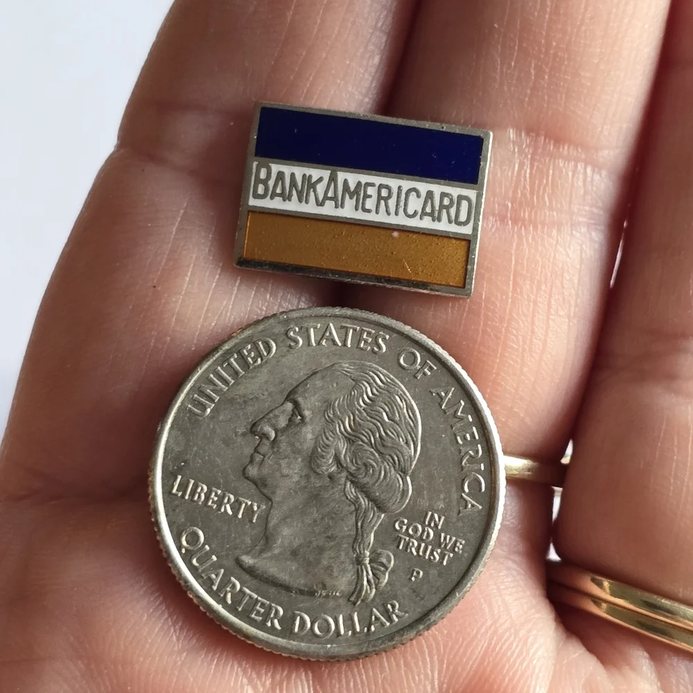 Vintage pin BankAmericard enamel silver tone brooch orange blue